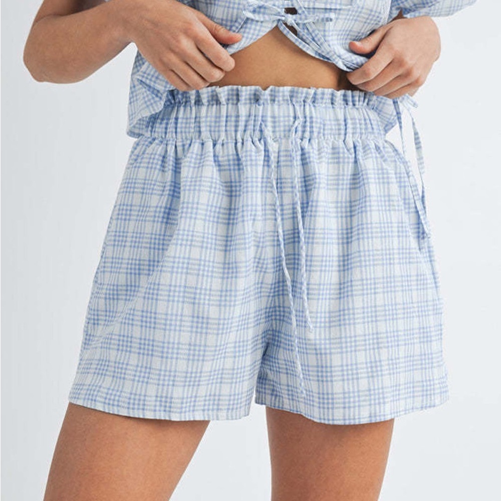 Mable Arleth Stripe Blouse and Shorts Set in blue gingham.